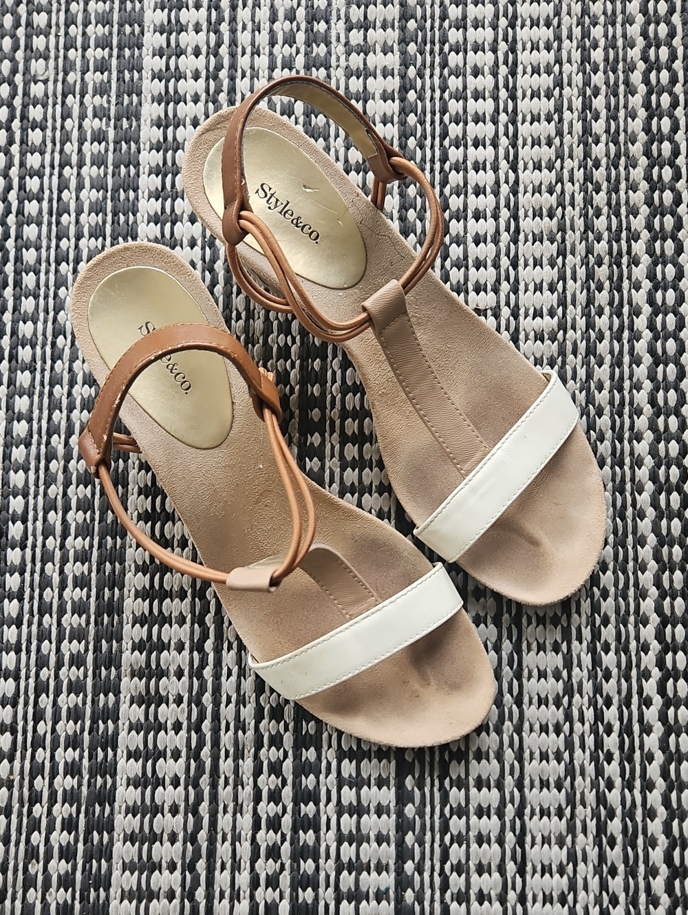 Style & Co. Women's Tan and White Open-Toe T-Strap Sandals
